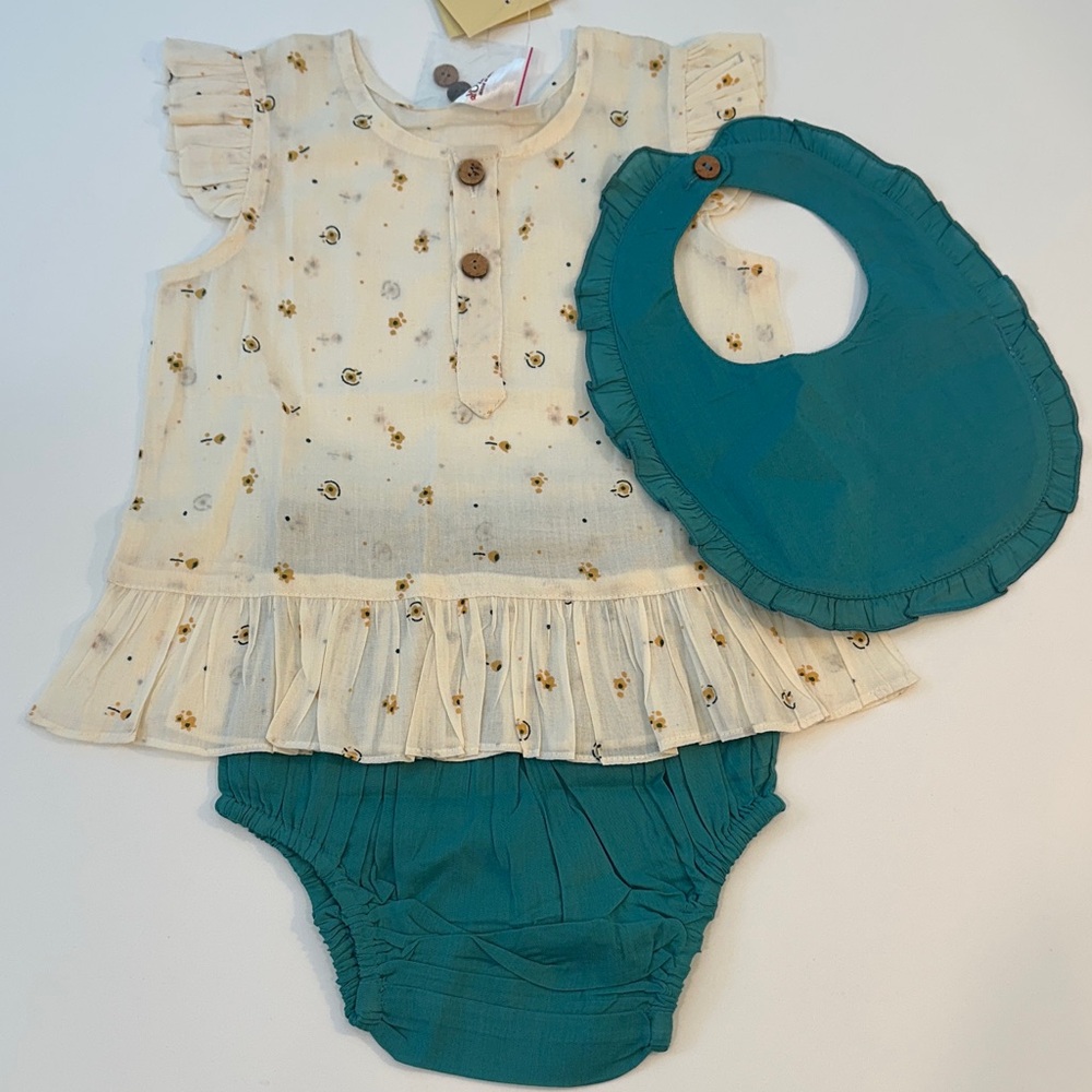 Yo Baby Girls 18-24M Floral Flutter Top Bloomers and Bib 3PC Set YBFW1416 Teal